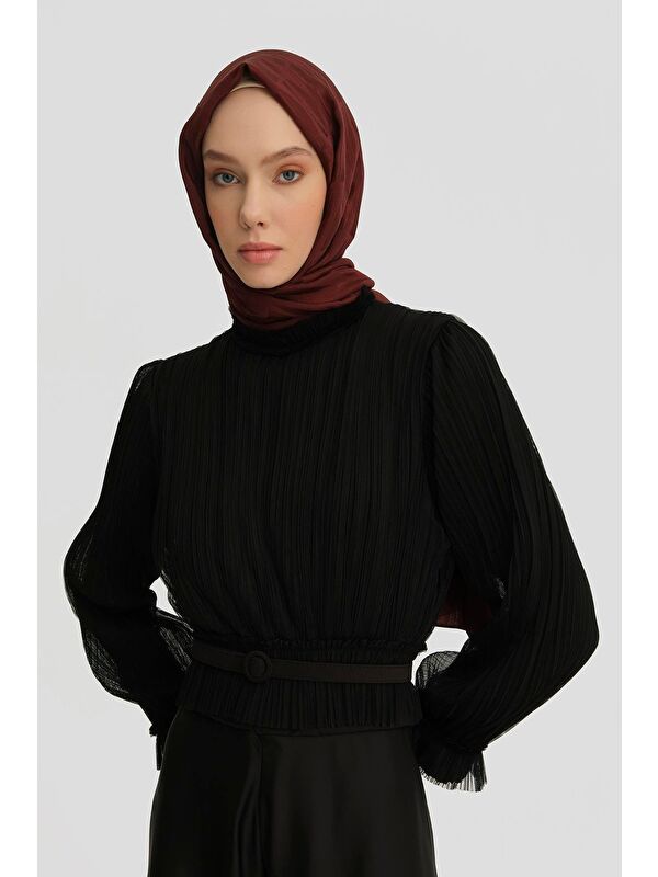 ARMİNE İçi Örme Üzeri Tül Bluz 24K3600 Siyah