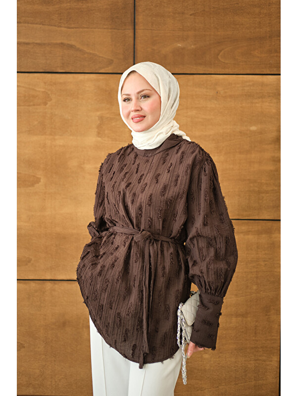 Locco Moda Kadın Kendinden Desenli Bel Bağlamalı Tunik Kahverengi