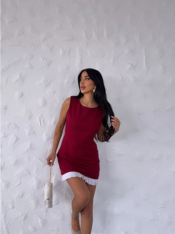 Hazelin Kadın Bordo Beyaz Pileli İthal Dooble Kumaş Kolsuz Mini Elbise HZL25S-FRY122961