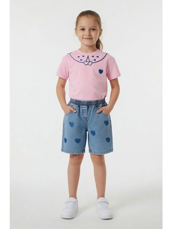 Cansın Mini Pembe Kalp Nakışlı Yakalı Tişörtlü Jean Şortlu Kız Çocuk Takım 24062