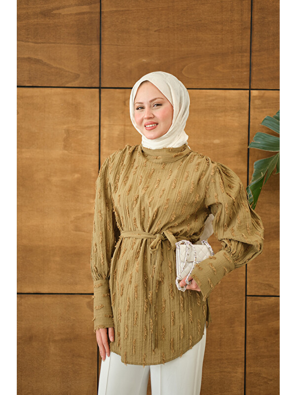 Locco Moda Kadın Kendinden Desenli Bel Bağlamalı Tunik Yağ Yeşil