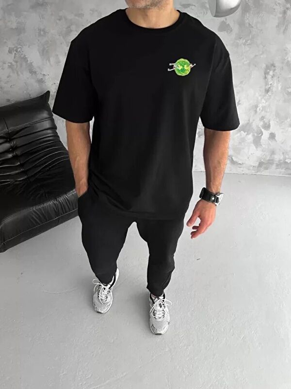 Jane's Unisex Bisiklet Yaka Baskılı Oversize T-Shirt - Siyah