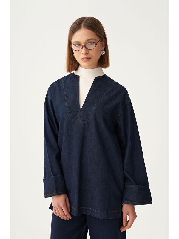 ALLDAY Koyu Mavi-V Yaka Denim Gömlek Tunik