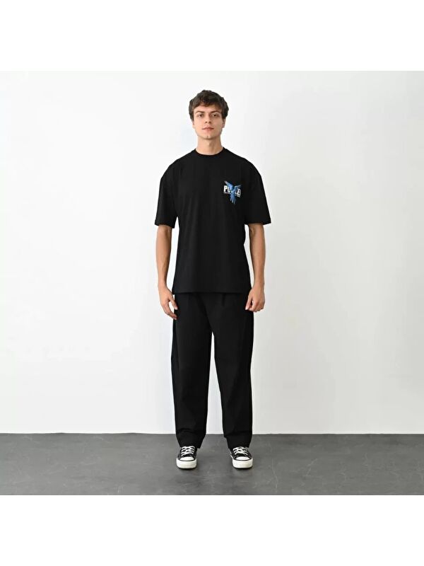 Jane's Unisex Bisiklet Yaka Baskılı Oversize T-Shirt - Siyah