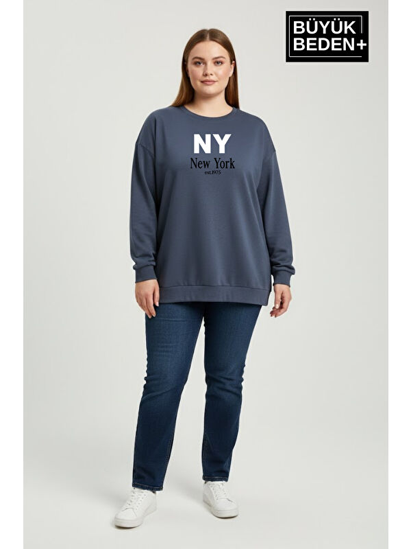 Süperlife Kadın Büyük Beden NY Newyork Baskılı Bisiklet Yaka ince Sweatshirt SPR26BSWK956-15