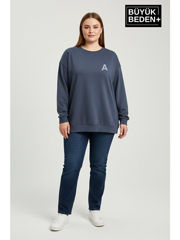 Süperlife Kadın Büyük Beden A Baskılı Bisiklet Yaka ince Sweatshirt SPR26BSWK956-12