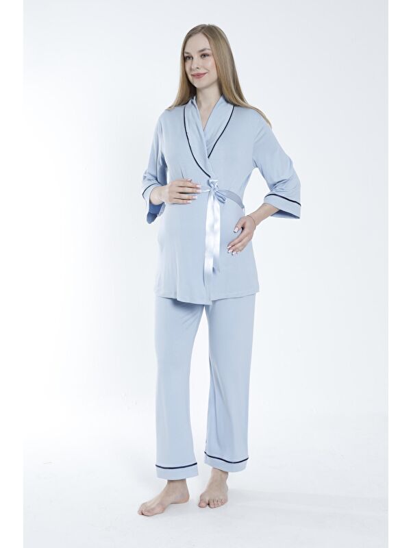 MİSS DÜNYA LİSSA Bebek Mavisi Önden Bağlamalı Geniş Şerit Yakalı Hamile ve Lohusa Pijama Takımı