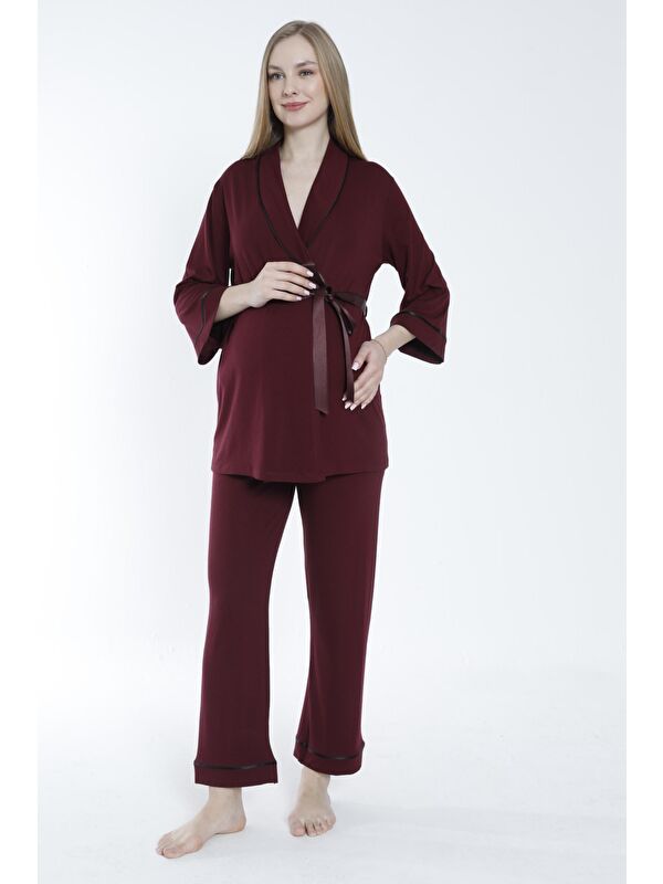 MİSS DÜNYA LİSSA Bordo Önden Bağlamalı Geniş Şerit Yakalı Hamile ve Lohusa Pijama Takımı