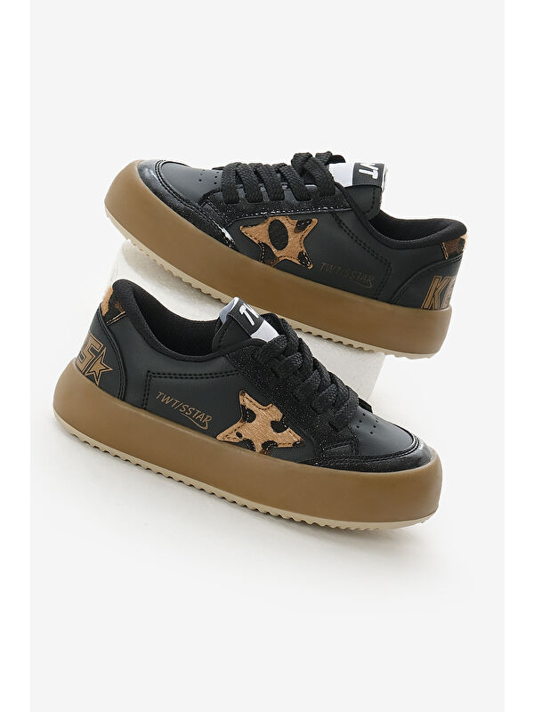 TONNY BLACK Çocuk Unisex Siyah Leopar Termo Taban Yıldız Detaylı Bağcıklı ve Cırtlı Spor Ayakkabı