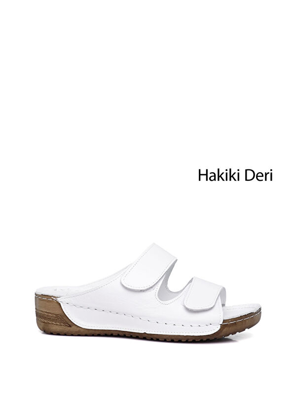 GÖNDERİ(R) Kadın BEYAZ-AÇIK GRİ Cırtlı Dolgu Taban Hakiki Deri Terlik