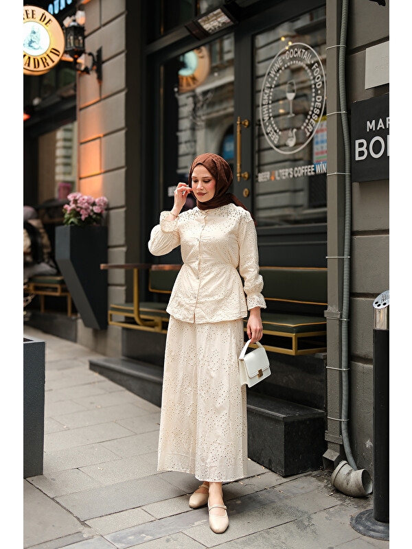Locco Moda Kadın Twist işlemeli Brode Takım Krem