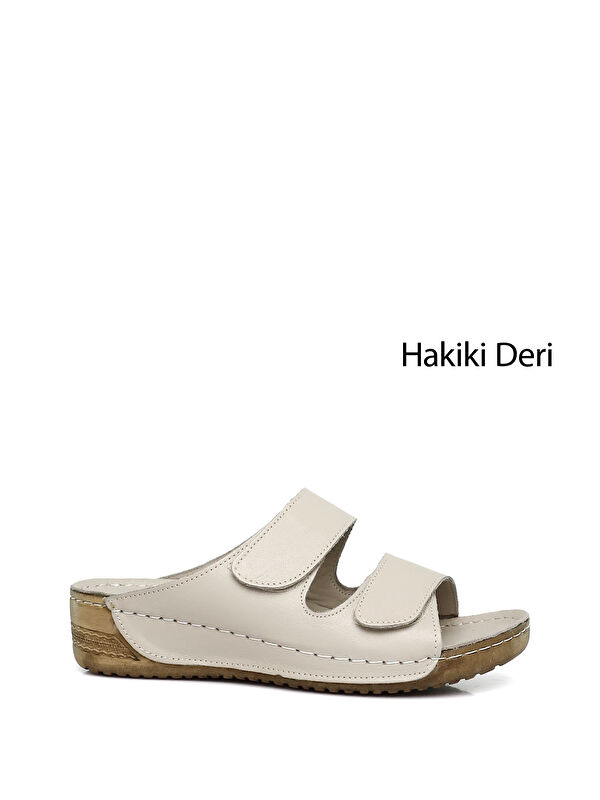 Kadın KREM Cırtlı Dolgu Taban Hakiki Deri Terlik - Görsel 2