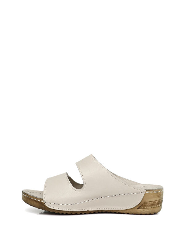 Kadın KREM Cırtlı Dolgu Taban Hakiki Deri Terlik - Görsel 4