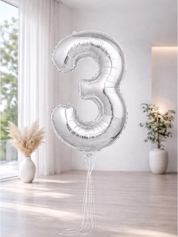 Parti Adresi Rakam Folyo Balon Doğum Günü Parti Balonu 3 Gümüş Renk 76 cm