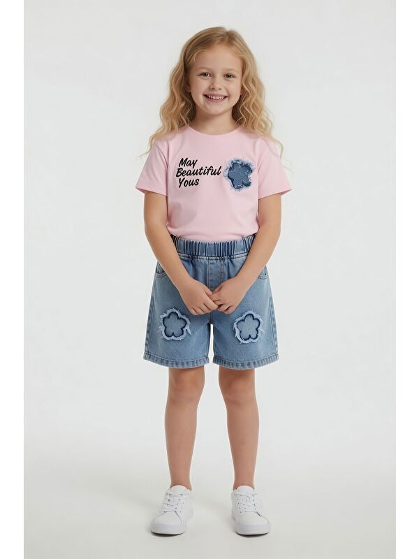 Cansın Mini Pembe Beautiful Yazılı Nakışlı Jean Şortlu Kız Çocuk 2li Takım 24059
