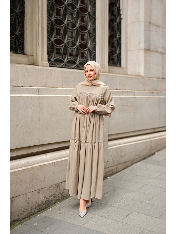 Locco Moda Kadın Süs Dikişli Büzgü Elbise Fıstık Yeşil