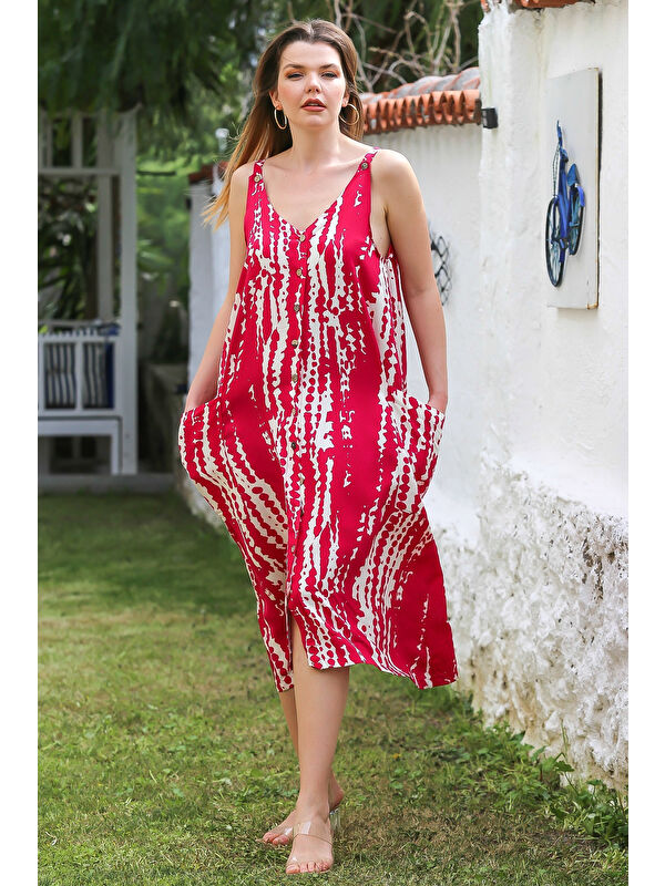 Chiccy Kırmızı Askılı Düğmeli Cepli Allover Baskılı Casual Viskon Dokuma Elbise 115 60