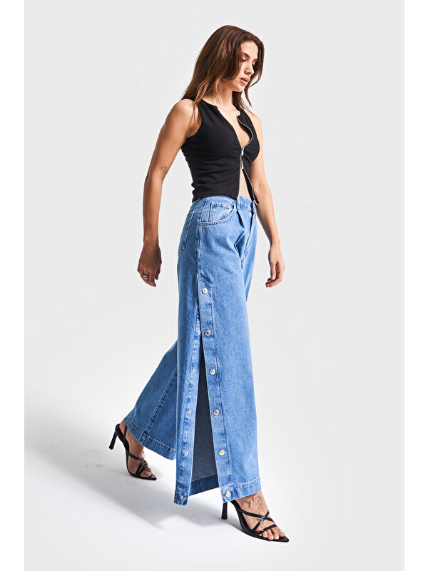 It's Basic Kadın Mavi Jean Rengş 1S5-4 Palazzo Fit Yandan Ful Düğme Yırtmaçlı Tasarım Denim Jean