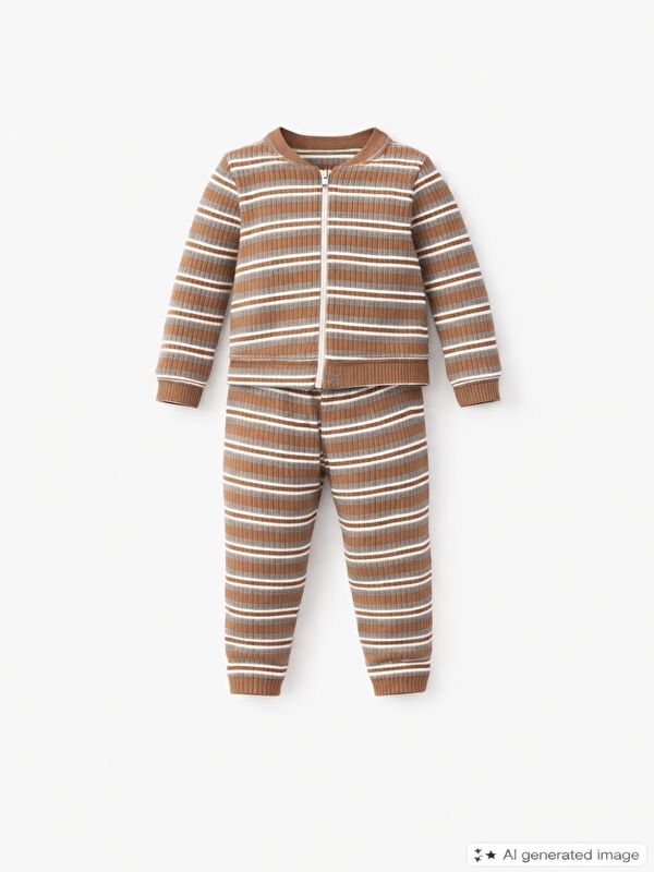 Mai Perla Unisex Çocuk Takımı Organik Pamuklu Şardonlu Kışlık Hırkalı Çizgili İkili Takım (1-5 Yaş)