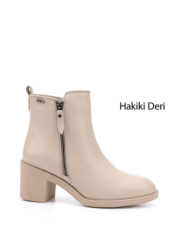 GÖNDERİ(R) Kadın BEJ-CAMEL Fermuarlı Kalın Topuklu Hakiki Deri Bot