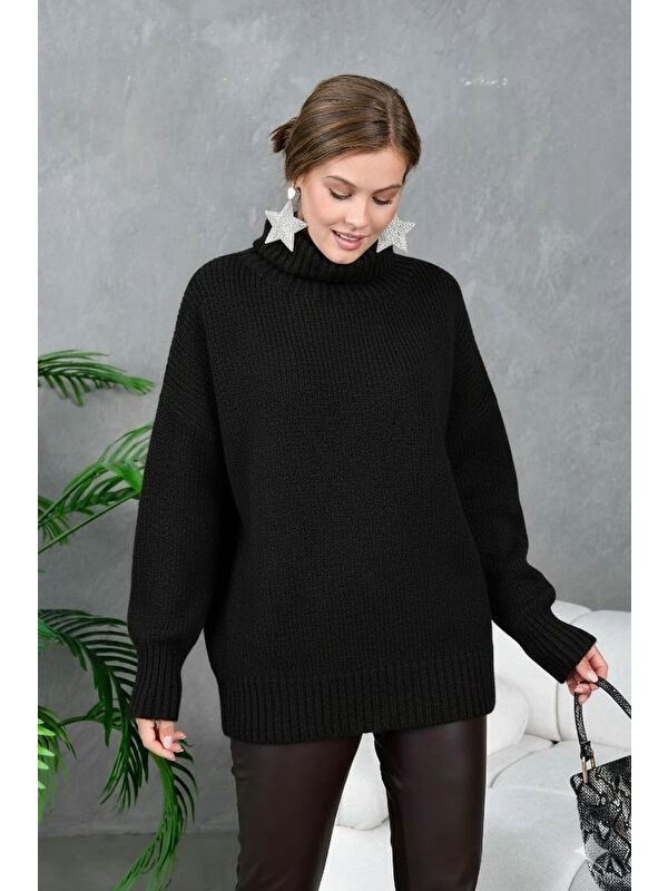 carla10 Kadın Balıkçı Yaka Kaşkorse Oversize Triko Tunik