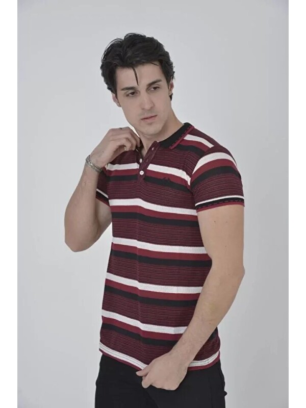 Jane's Erkek Yakalı Slim Fit Dokuma Çizgili Tişört - Bordo