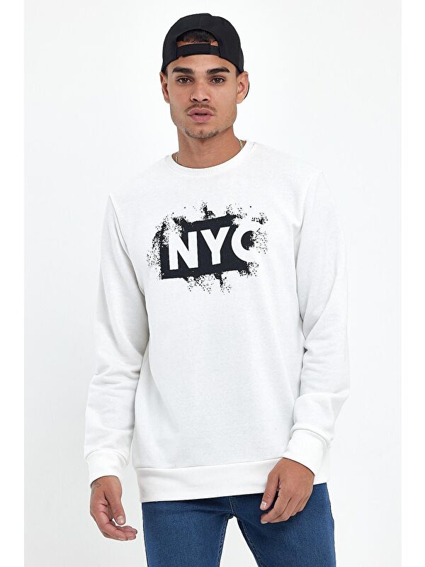 Süperlife Erkek Bisiklet Yaka Regular Fit 3 İplik Kalın NYC Baskılı Sweatshirt spr24sw24