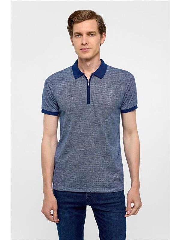 Süvari Lacivert Slim Baskılı Polo Yaka Tişört