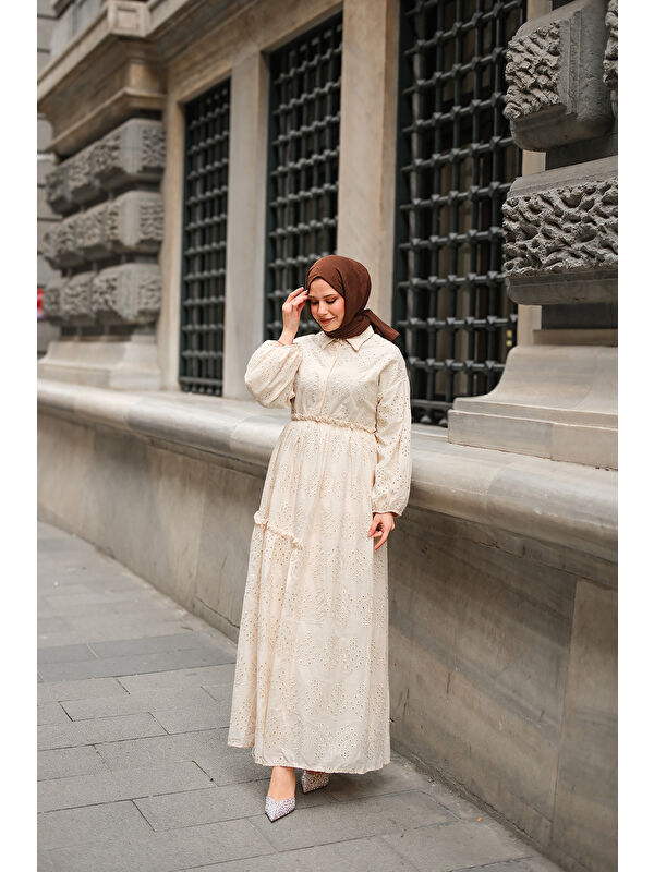 Locco Moda Kadın Beli Lastikli Brode Elbise  Krem