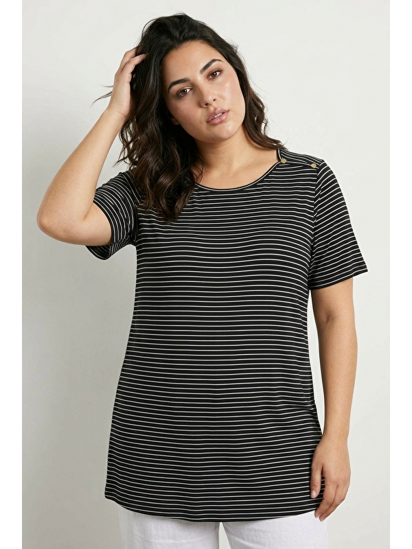Stil Diva Bisiklet Yaka Kısa Kollu Omzu Çıtçıtlı Esnek Kumaşlı Çizgili Uzun T-shirt