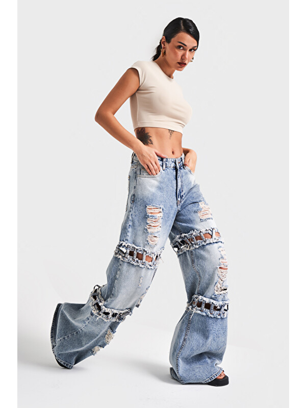 It's Basic Kadın Jean Rengi Palazzo Fit Yırtık Detaylı Tasarım Denim Jean