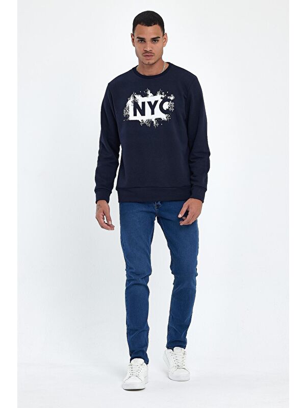 Süperlife Erkek Bisiklet Yaka Standart Kalıp 3 İplik Kalın NYC Baskılı Sweatshirt spr24sw24