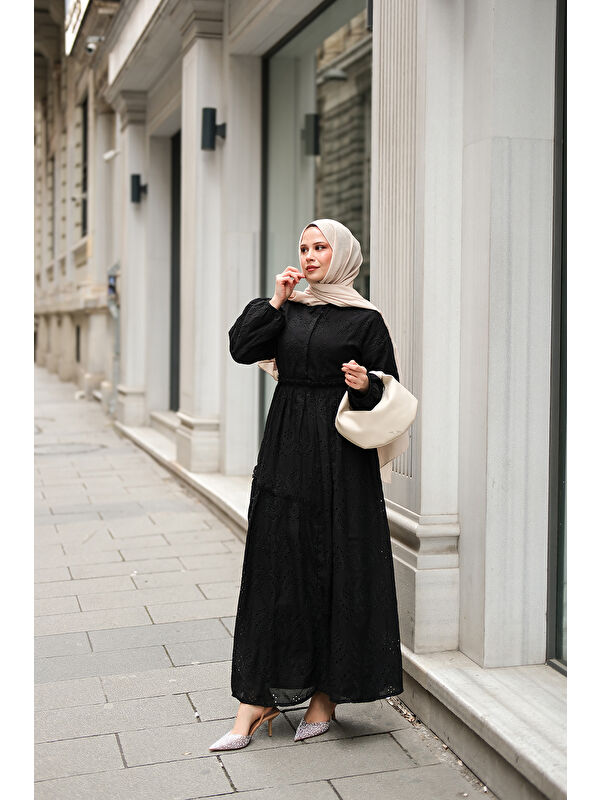 Locco Moda Kadın Beli Lastikli Brode Elbise  Siyah