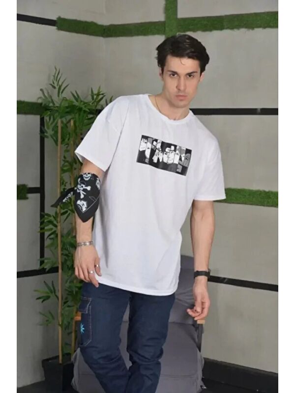 Jane's Unisex Bisiklet Yaka Baskılı Oversize T-Shirt - Beyaz