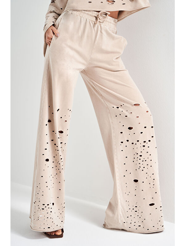 It's Basic Kadın Kahve Rengi Örme Kumaş Yırtık Detaylı Palazzo Fit Tasarım Pantolon