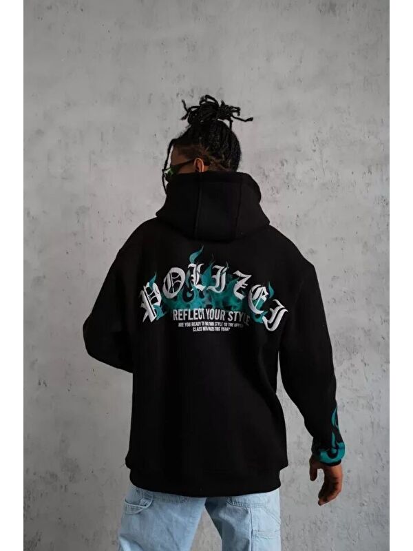 Jane's Erkek Üç İplik İçi Pamuklu Alev Baskılı Kapüşonlu Sweatshirt - Siyah