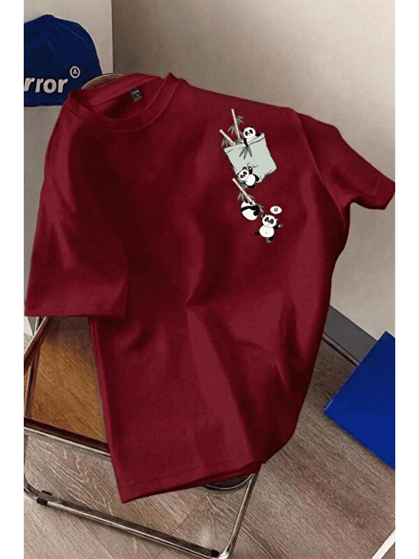 Oksit Bambu Panda Grafikli Cep Detaylı Kısa Kollu Oversize Unisex Bisiklet Yaka Tişört