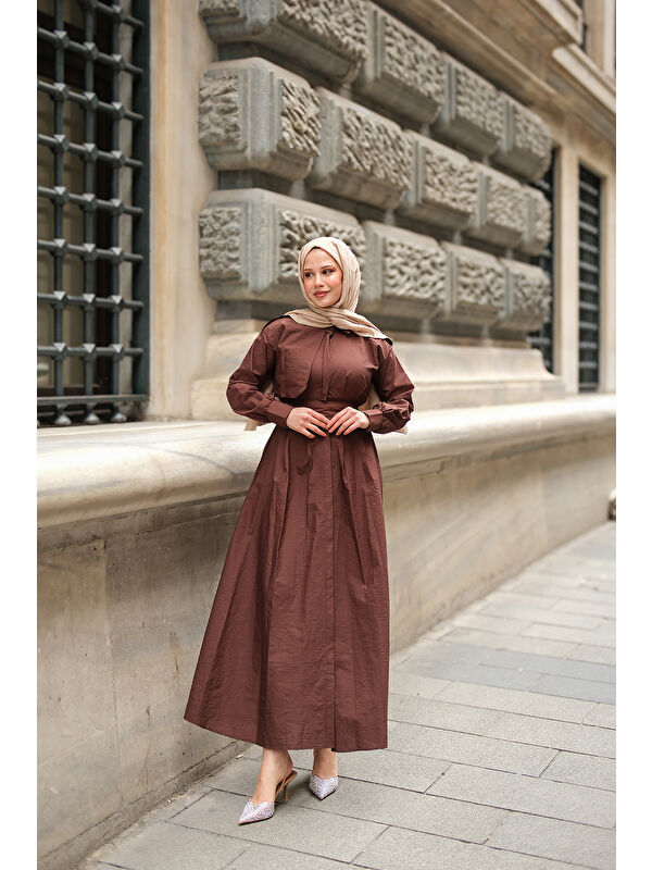Locco Moda Kadın Gizli Düğmeli Apolet Detay Elbise Kahverengi