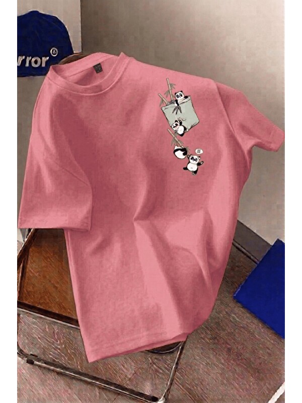 Oksit Bambu Panda Grafikli Cep Detaylı Kısa Kollu Oversize Unisex Bisiklet Yaka Tişört