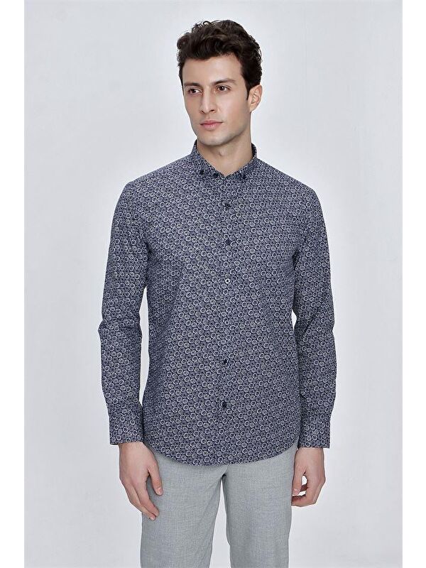 İMZA Koyu Lacivert Uzun Kol Gömlek Yaka Klasik Slim Fit Pamuklu Gömlek 1004225223