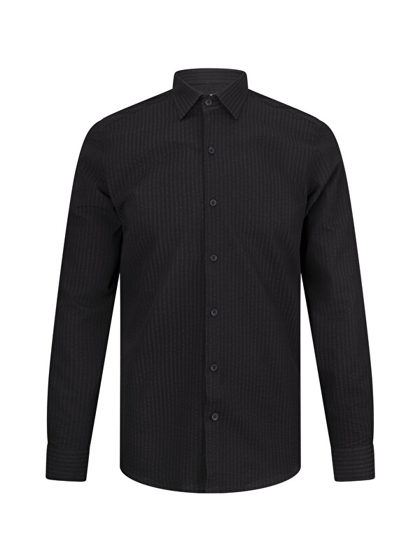 Hatemoğlu Siyah Comfort Fit 100% Pamuk Slim Yaka Uzun Kollu Spor Gömlek