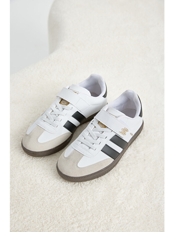 TONNY BLACK Çocuk Unisex Beyaz Siyah Termo Taban Yanı Şeritli Cırtlı Bağcıklı Sneaker