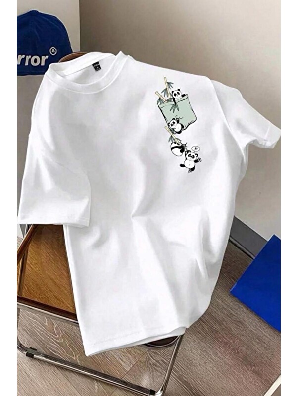 Oksit Bambu Panda Grafikli Cep Detaylı Kısa Kollu Oversize Unisex Bisiklet Yaka Tişört
