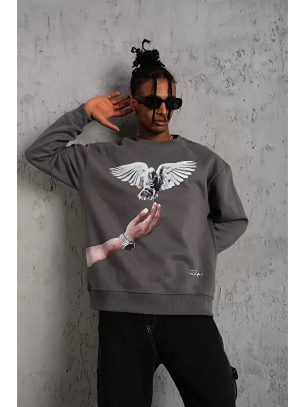 Jane's Erkek Güvercin Baskılı Sweatshirt - Gri