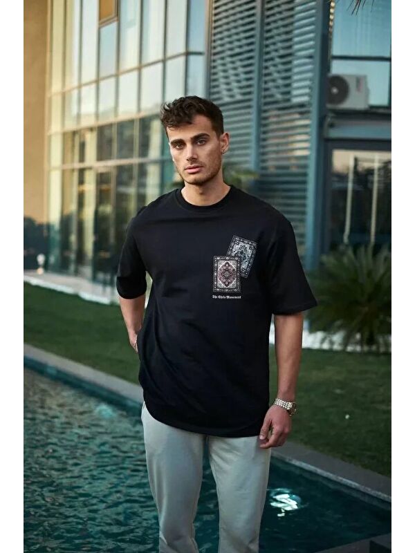 Jane's Unisex Bisiklet Yaka Baskılı Oversize T-Shirt - Siyah
