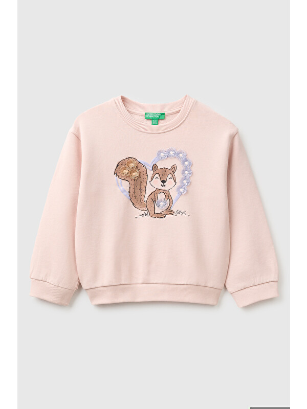 United Colors Of Benetton Kız Bebek Pudra Önü İşlemeli Uzun Kollu Bisiklet Yaka Sweatshirt