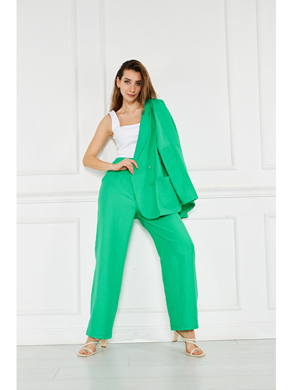 Comstar Kadın Oversize Ceket Bol Pantolon Yeşil İkili Takım