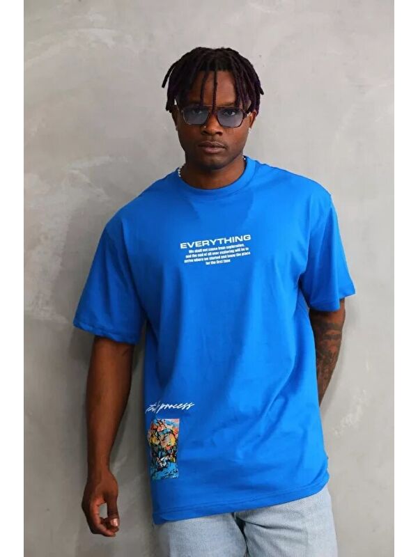 Jane's Unisex Bisiklet Yaka Baskılı Oversize T-Shirt - Mavi
