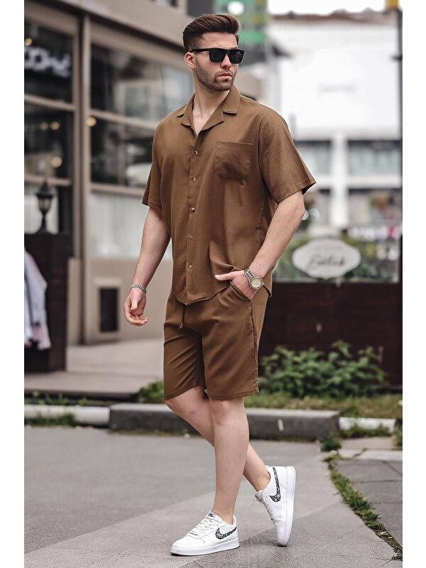 Madmext Erkek Kahverengi Basic Oversize Gömlek %100 Pamuk Takımı 5588