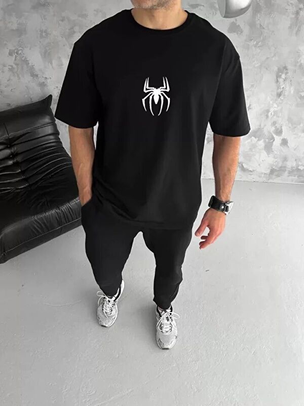 Jane's Unisex Bisiklet Yaka Baskılı Oversize T-Shirt - Siyah